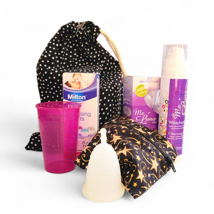 Pack Regalo Copa Menstrual con Bolsa Reutilizable 'Lunares Blancos sobre Negro' MeLuna Amatista Morada