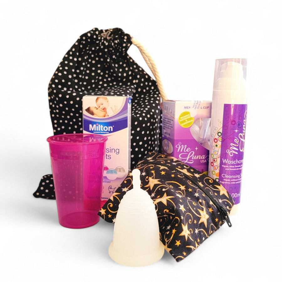 Pack Regalo Copa Menstrual con Bolsa Reutilizable 'Lunares Blancos sobre Negro' MeLuna Amatista Morada