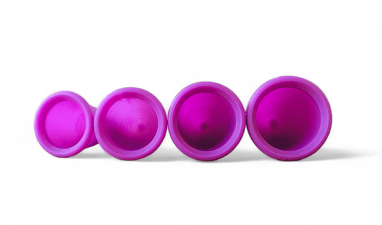Four MeLuna menstrual cup diameters from Small through XL
