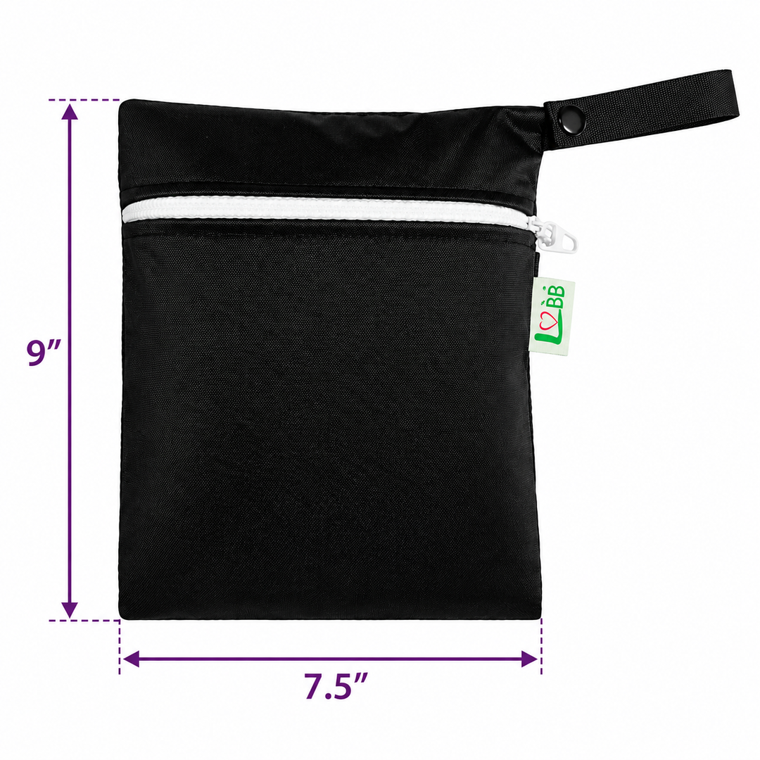 MeLuna small black wetbag with a white zipper, rectangular fabric design, and snap-loop strap, measuring 9 by 7.5 inches.
