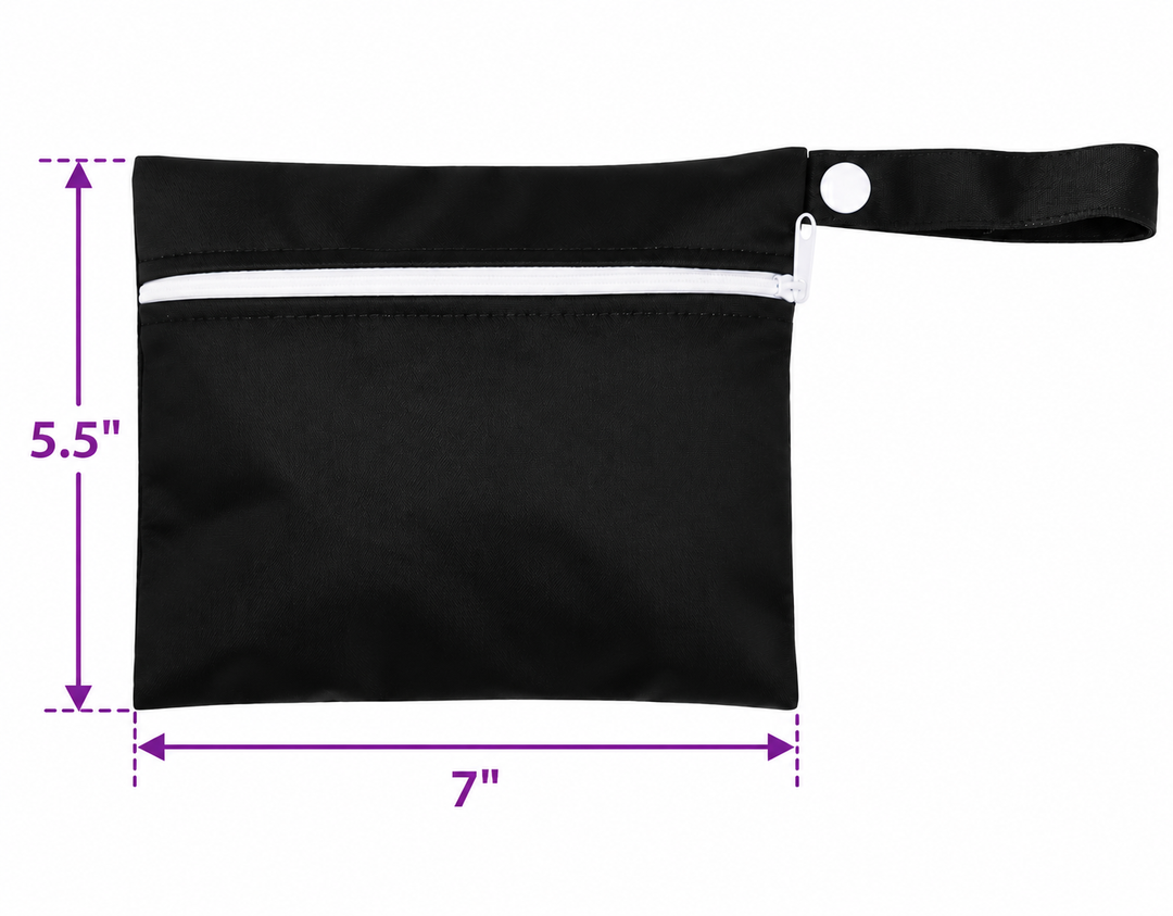 Small black rectangular mini wetbag for a single pad with a white zipper and handle, measuring 7 inches by 5.5 inches.