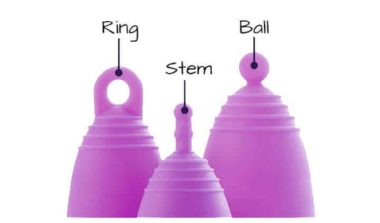 MeLuna menstrual cup handle options showing stem, ball, and ring handles