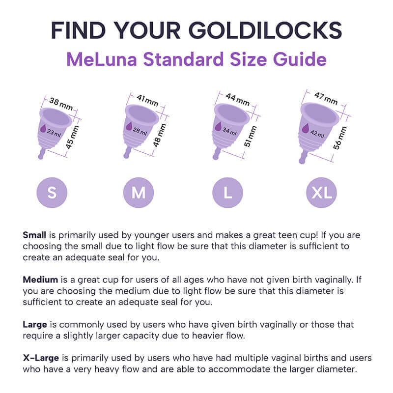 Complete MeLuna Standard menstrual cup size chart with dimensions