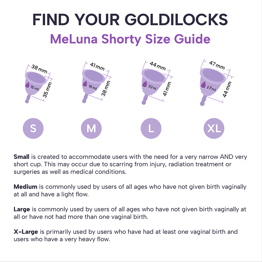 Complete MeLuna Shorty low cervix menstrual cup size chart with dimensions