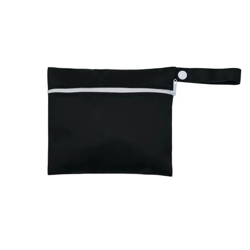Solid black mini wetbag for a MeLuna pad featuring a white zippered closure and a convenient snap-button wrist strap.