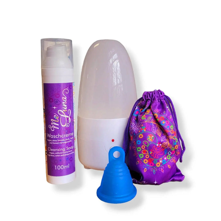 blue low cervix menstrual cup with steam disinfection and cleanser kit