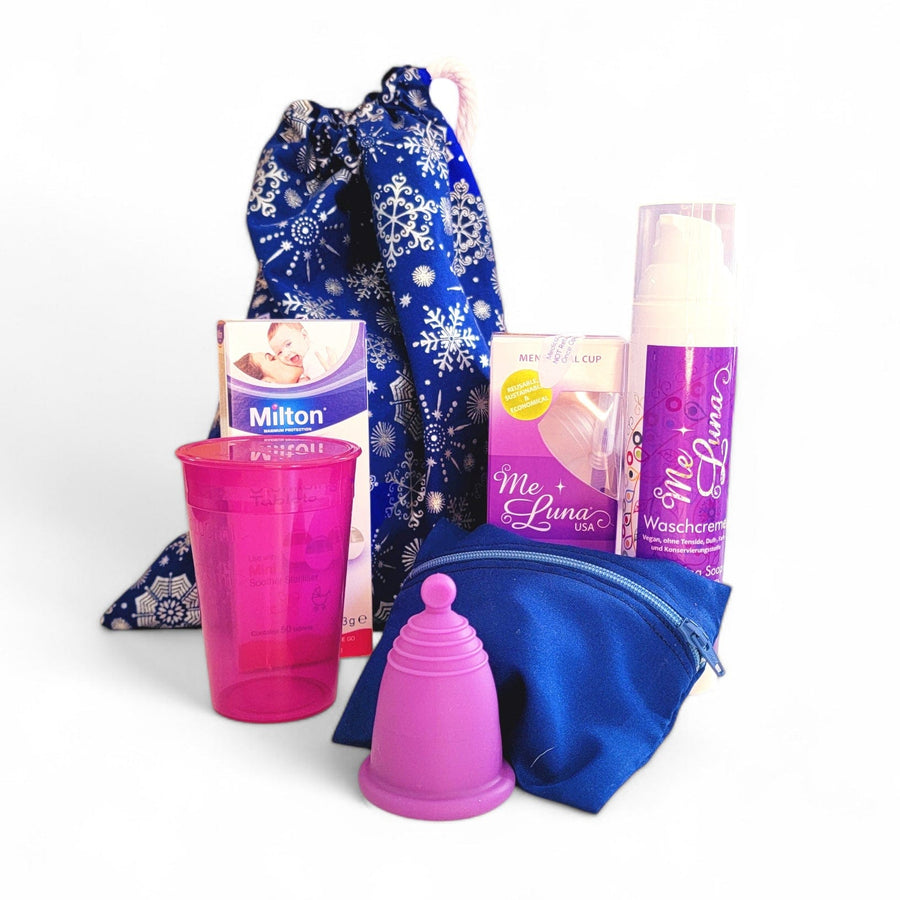 Paquete de regalo de copa menstrual con bolsa de regalo reutilizable 'Copo de nieve plateado'