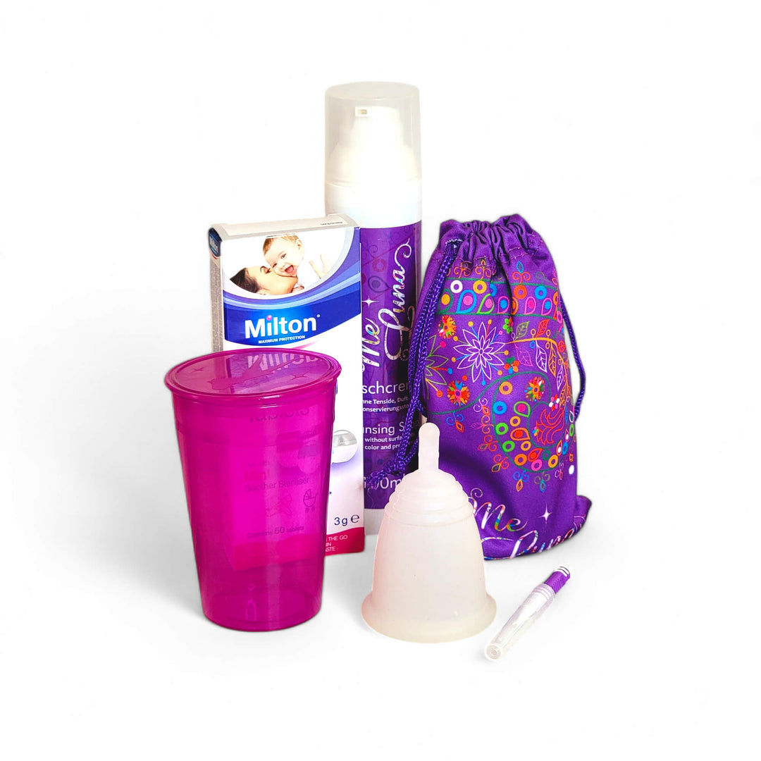 Kit de copa menstrual sin colorantes - con pastillas Milton