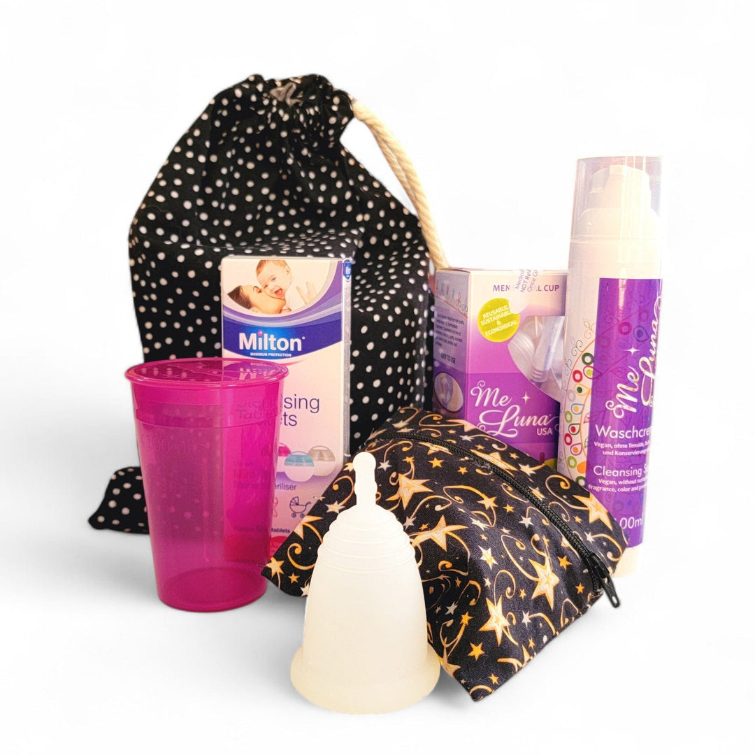 Menstrual Cup Gift Pack with Reusable Gift Bag 'White Dots on Black' MeLuna Amethyst Purple