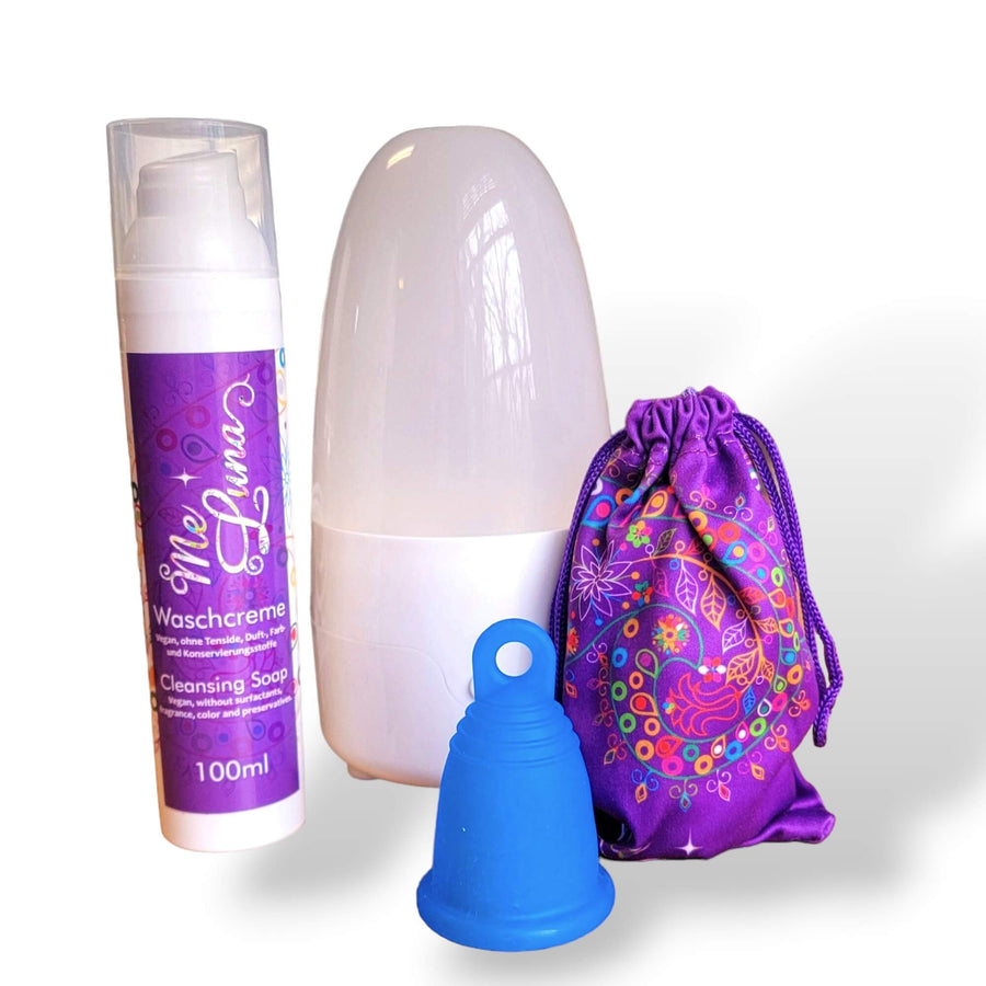 menstrual cup kit for beginners that includes menstrual cup, cleanser and steam disinfection option