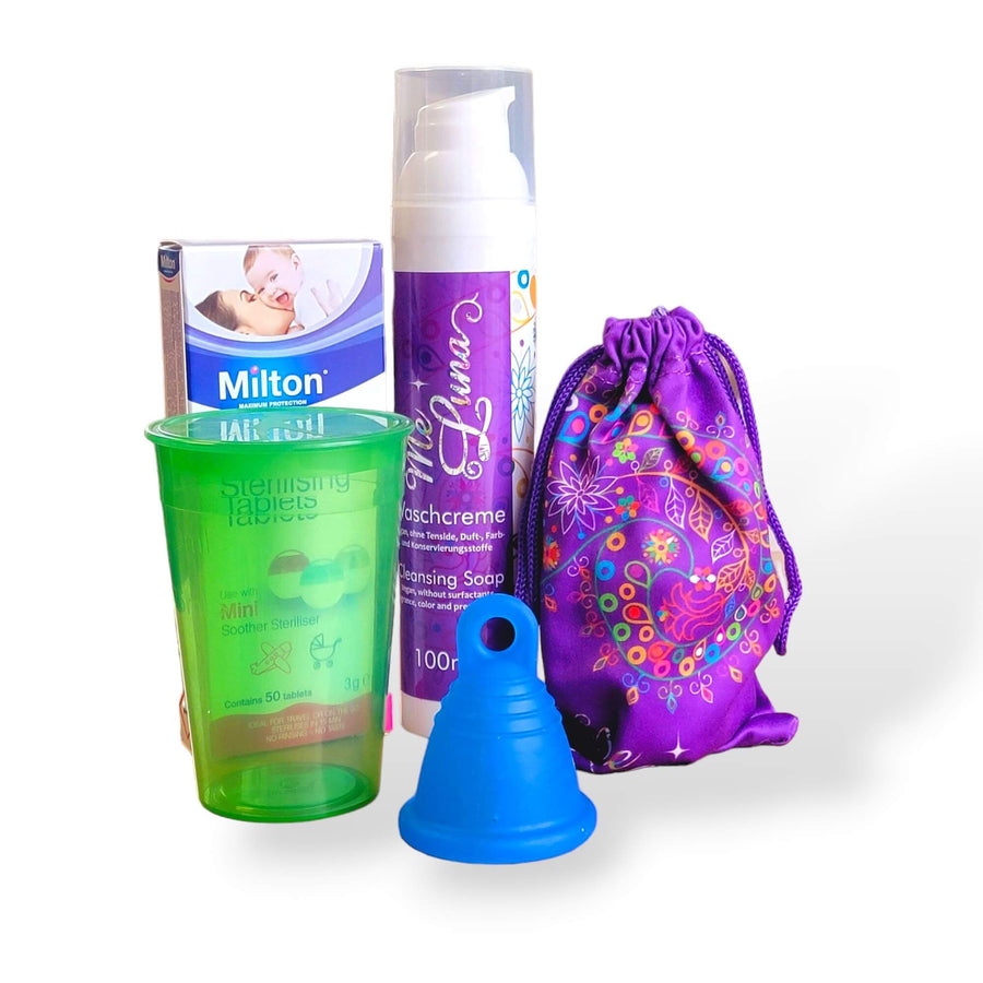 menstrual cup kit with blue cup and milton tabs