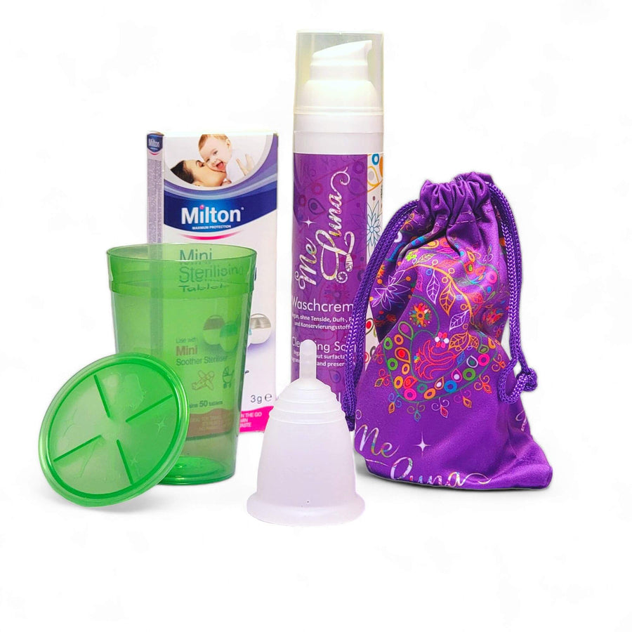 menstrual cup kit by meluna with a colorant free menstrual cup includes cleanser and milton sanitizing tabs