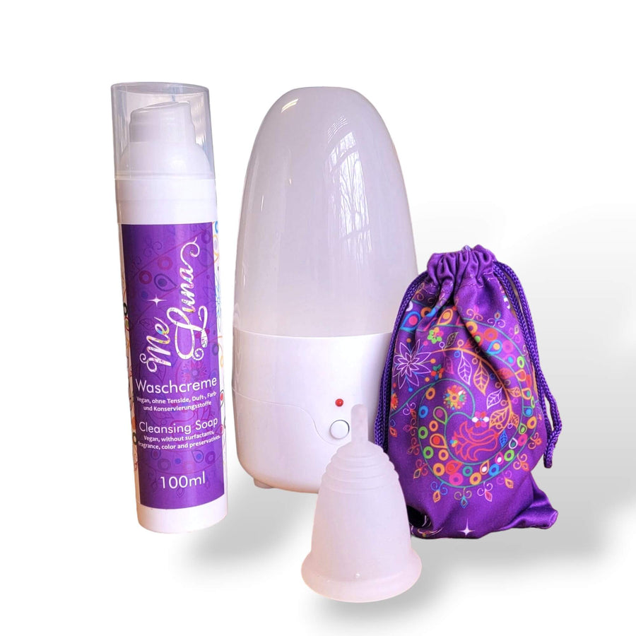 menstrual cup kit for beginners that includes menstrual cup, cleanser and disinfection option